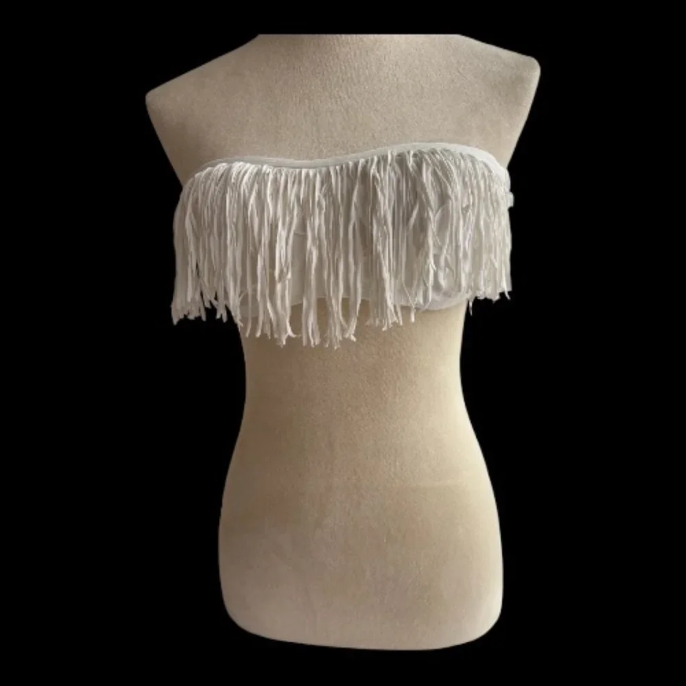 L*SPACE Fringe Bandeau Bikini Top - White Strapless - Size L (2629-1) - Picture 1 of 4